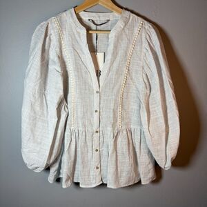 New Zara Womens Linen Blend Striped Peplum Blouse Puff Sleeves Tassel Trim Small